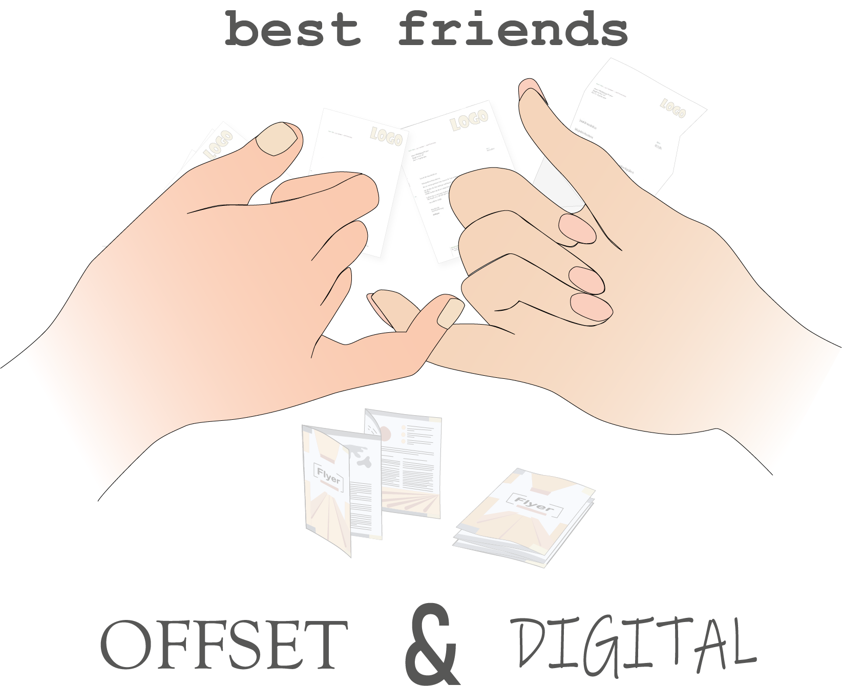 Illustration von zwei Händen mit Dokumenten und Flyern Offset und Digitaldruck dargestellt.