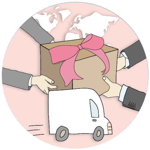 Illustration einer Paketzustellung mit Schleife und Lieferwagen.
